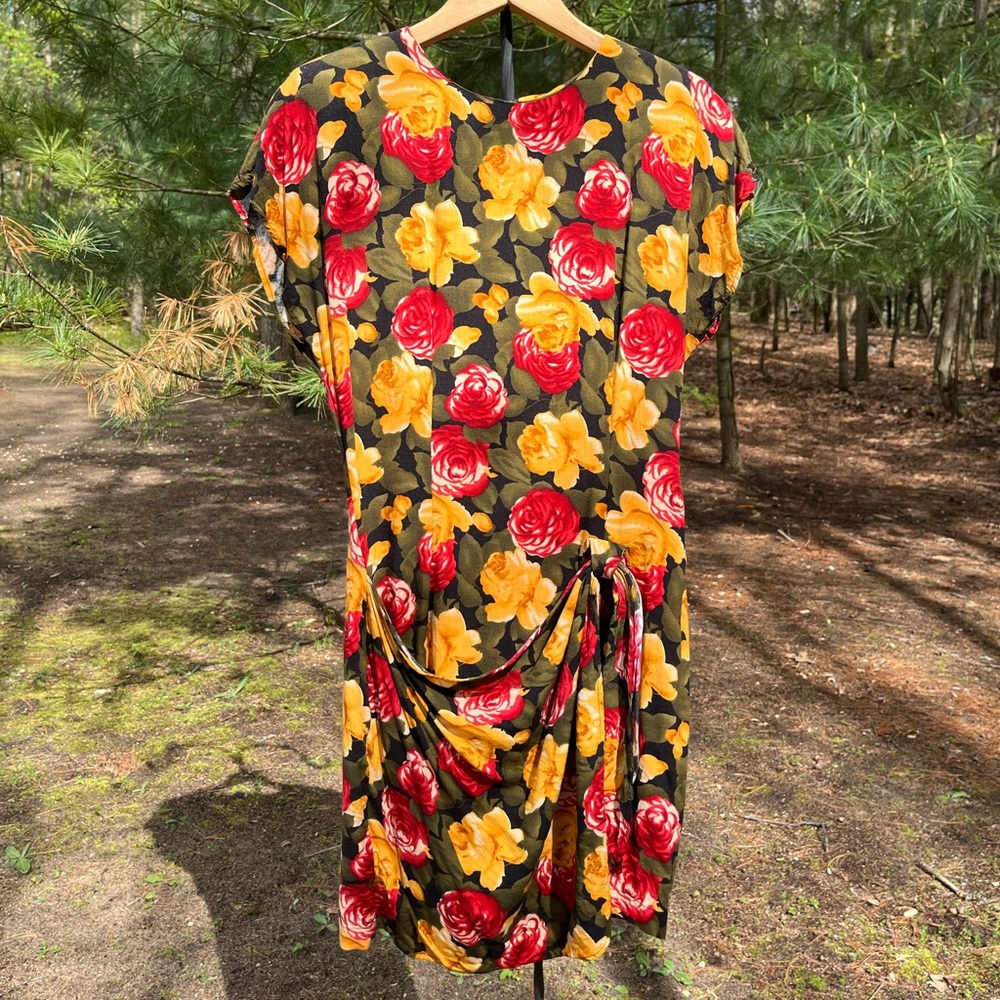 80s Joni Blair Dark Floral Midi Faux Wrap Dress Size 7 Retro